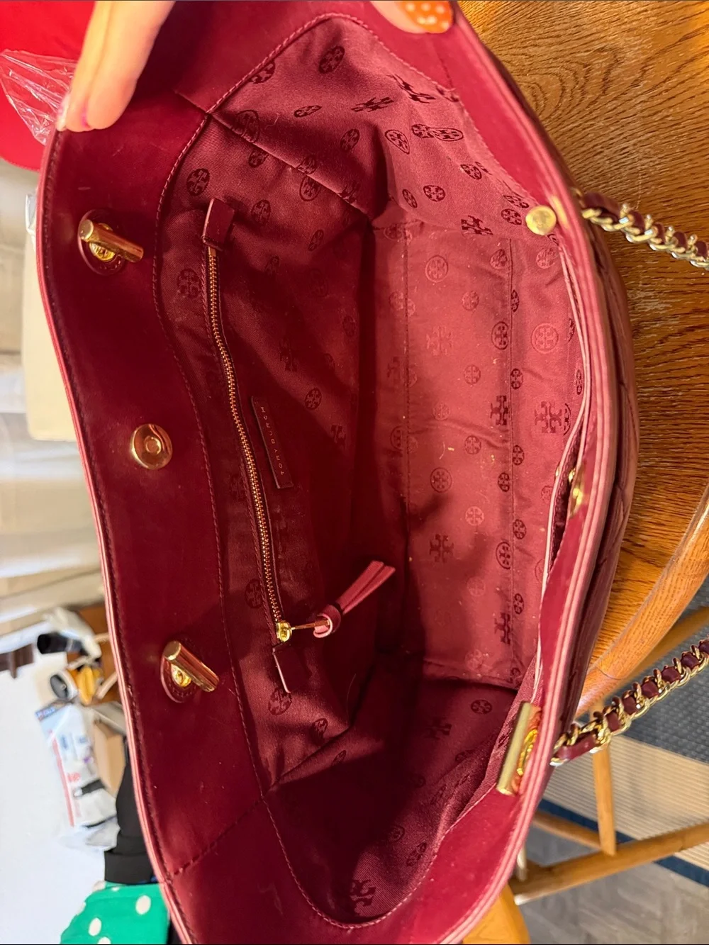 Tory Burch Burgundy Quilted Chevron Tote with Gold Chain Handles